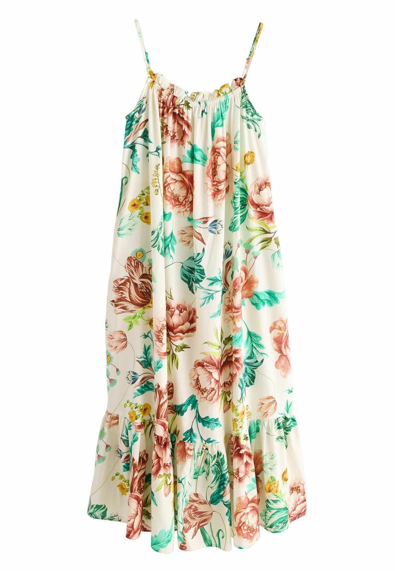 Robe florale avec des bretelles minces réglables, un décolleté froncé, un ourlet ondulé, et un tissu blanc orné de motifs de fleurs roses et vertes.