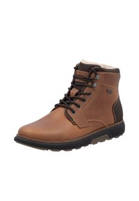 Bottines en cuir marron avec des accents noirs, col rembourré, design à lacets, surface texturée et semelle en caoutchouc pour une meilleure adhérence.