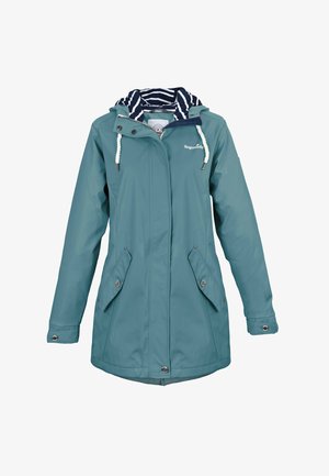 Waterproof teal jacket with a striped hood. Features zipper and snap closures, two front pockets, and adjustable drawstrings. Smooth texture.