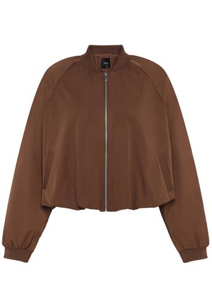 Veste bomber marron avec fermeture éclair à l'avant, col et poignets côtelés, et deux poches latérales.