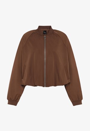 Veste bomber marron avec fermeture éclair à l'avant, col et poignets côtelés, et deux poches latérales.