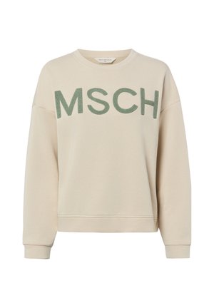 Beige sweatshirt met lange mouwen met groene, getextureerde letters "MSCH" over de borst en geribde boorden en zoom.