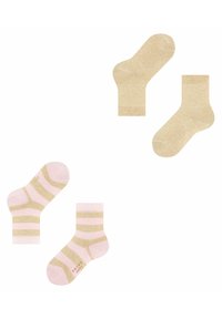 Calcetines de algodón a rayas beige y rosa, con una textura suave, puños acanalados y un ajuste elástico. El conjunto incluye dos diseños: liso y a rayas.