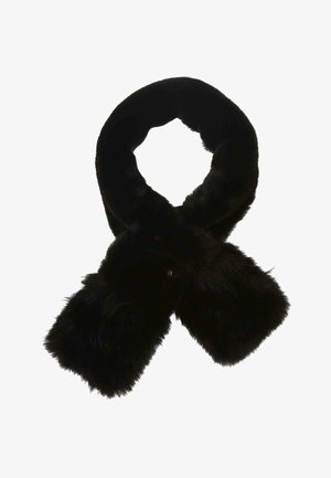 Écharpe en fausse fourrure noire avec un design en boucle, texture douce et pelucheuse, adaptée pour l'hiver.