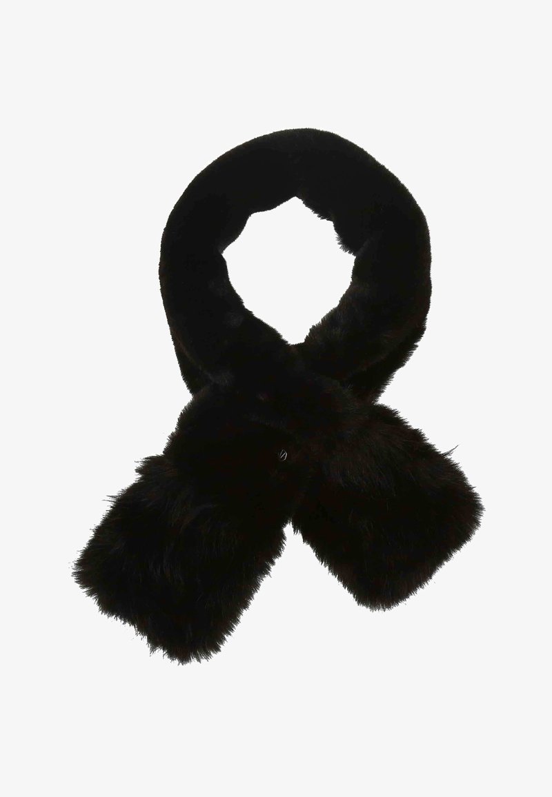 Sorte kunstpels-scarf med snoet design, blød og fluffet tekstur, velegnet til vinterbrug.