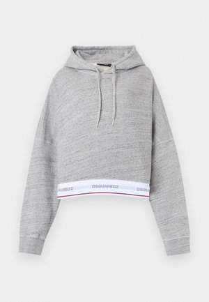 Light grey cropped hoodie with drawstrings and white elastic hem featuring "DSQUARED2" branding in grey.