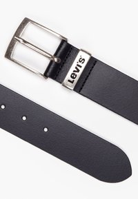 Black leather belt with a silver rectangular buckle. Features logo plate with "Levi's" text, smooth surface, and multiple adjustment holes.