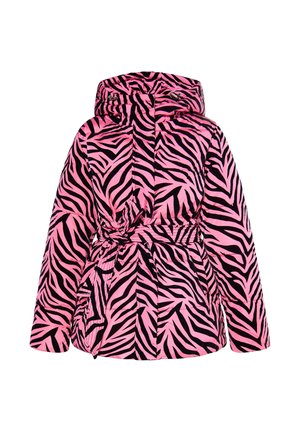 Paminkštintas džemperis su rožine ir juoda zebrų raštu, su kapišonu, diržu juosmeniui ir minkšta, tekstūruota medžiaga šilumai.