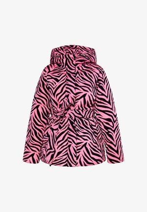 Padded Jacket mit einem rosa und schwarzen Zebra-Muster, Kapuze, tailliertem Design und einem weichen, strukturierten Stoff für Wärme.