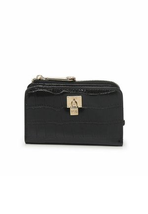 Portefeuille en simili-crocodile noir avec fermeture éclair, quincaillerie dorée, forme rectangulaire et texture gaufrée.