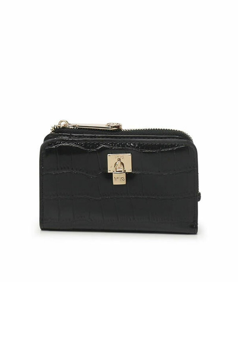 Monedero de piel sintética de cocodrilo negra con cierre de cremallera, herrajes en tono dorado, forma rectangular y textura grabada.