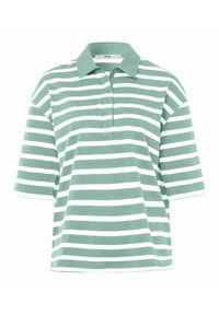 Zeleno-bílý pruhovaný polo tričko, krátké rukávy, límečkový výstřih, měkká bavlněná textura, rovný střih, vyšívané logo na boku.