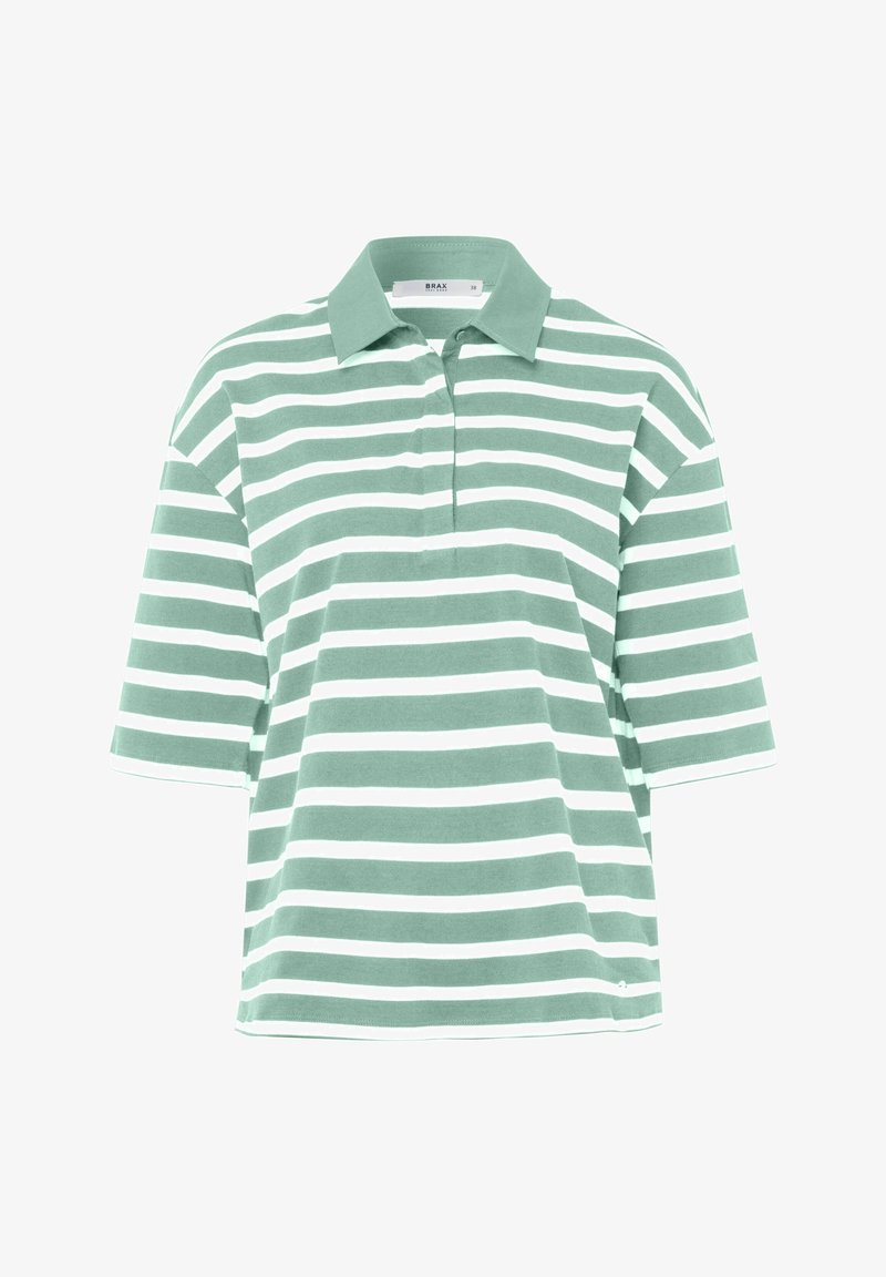 Vihreä-valkoinen raidallinen polo-paita, lyhyet hihat, kauluksellinen kaula-aukko, pehmeä puuvillamainen tekstuuri, suora leikkaus, brodeerattu logo sivussa.