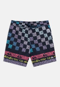 Ανδρικό μαγιό σορτς με πολύχρωμο πιξελιασμένο σχέδιο σκακιέρας, με κορδόνι στη μέση και οριζόντιες λωρίδες με το λογότυπο Quiksilver κοντά στο τελείωμα.