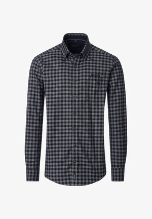 Herren-Langarmhemd in Marineblau und Grau mit kariertem Muster, ausgestattet mit einem Button-Down-Kragen, Brusttasche und gleichmäßig verteiltem Karo auf strukturierter Stoffoberfläche.