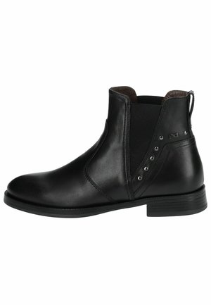 Black leather ankle boots with a smooth finish, elastic side panels, silver studs on the outer side, and a low stacked heel.
