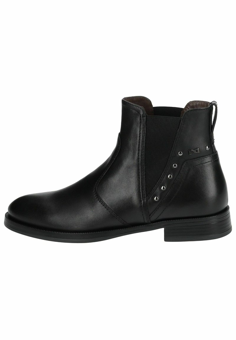 Black leather ankle boots with a smooth finish, elastic side panels, silver studs on the outer side, and a low stacked heel.