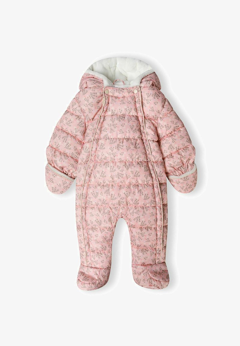 Gevoerde babysneeuwpak in lichtroze met bloemenpatronen, uitgerust met een met bont gevoerde capuchon, geribbelde manchetten en een sluiting met drukknoop aan de voorkant.