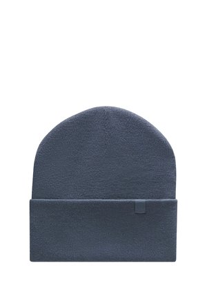 Cappellino in maglia grigio scuro con risvolto piegato e piccolo logo rettangolare sul davanti al centro del risvolto.
