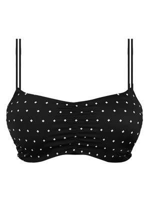 Black bikini top with white diamond pattern, gathered front detail, and thin adjustable straps. Smooth fabric with a fitted design.