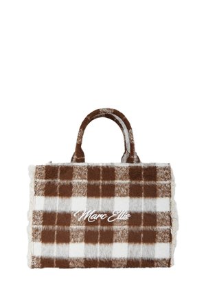 Borsa a tracolla a quadri marroni e bianchi con tessuto morbido e strutturato, dotata di due manici e logo "Marc Ellis" in bianco sul davanti.