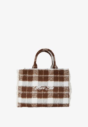 Borsa a tracolla a quadri marroni e bianchi con tessuto morbido e strutturato, dotata di due manici e logo "Marc Ellis" in bianco sul davanti.