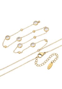 Collana d'oro con accenti di cristallo circolari, caratterizzata da un design delicato, piccole perline e chiusura a moschettone.
