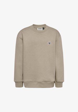 Beige langærmet crewneck-sweatshirt med ribstrikkede manchetter og kant, med en lille mørk bi-logo på venstre bryst.
