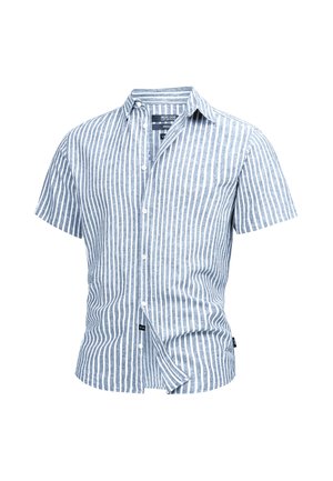 Chemise homme manches courtes à boutons, rayures verticales blanches et bleu clair, col et étiquette de marque visible à l'intérieur de l'encolure.