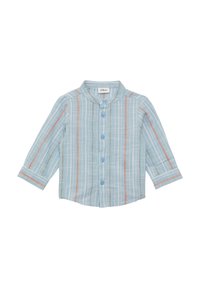 Hellblaues Hemd mit langen Ärmeln und vertikalen Streifen in Orange, Grün und Marineblau. Es hat einen Kragen und Knopfverschluss an den Ärmeln.