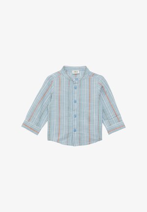 Lichtblauw overhemd met knoopjes en verticale strepen in oranje, groen en marineblauw. Heeft een kraag en lange mouwen met knoopsluitingen.