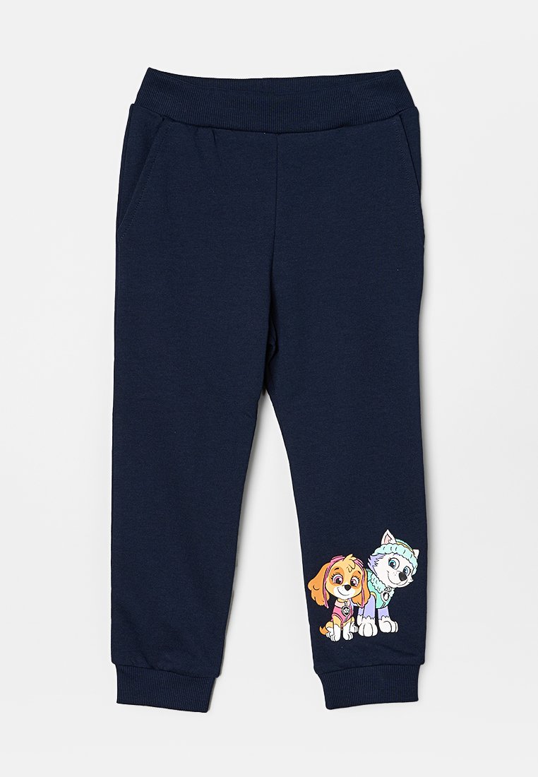 Marineblauwe sweatpants van zachte katoen, met een geribbelde tailleband en zijzakken. Versierd met kleurrijke cartoonfiguren op het onderbeen.