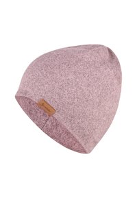 Light pink knit beanie with a soft texture, rounded shape, and a brown leather label featuring brand name stitched on the side.