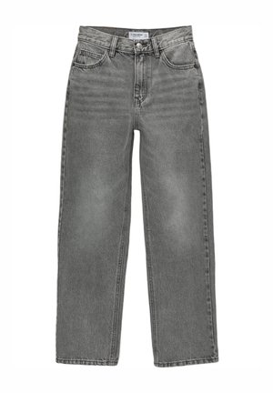 Graue Denim-Jeans mit hoher Taille, lockerer Passform, fünf Taschen und Knopfverschluss. Der Stoff hat eine weiche Textur und eine leichte Ausbleichung.