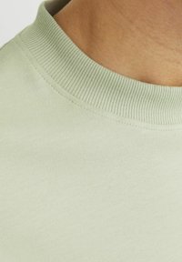T-shirt di cotone verde chiaro con scollatura rotonda a costine e texture liscia. Il tessuto appare morbido e leggermente elastico.