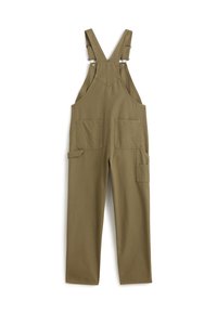 Olive green cotton overalls with adjustable straps, featuring two front pockets and two side pockets. Smooth texture and straight legs.