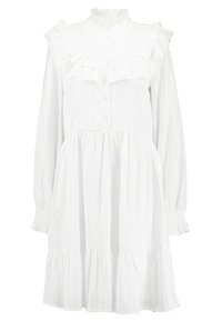 Vit bomulls klänning med rynkad krage, knappfront och långa ärmar med elastiska manschetter. Utskuren kjol med lager på lager volangkant.