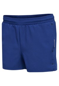 Blå simbyxor med elastisk midjeband, sidoknappar och mjuk, lätt tyg. Har en minimalistisk design utan mönster.