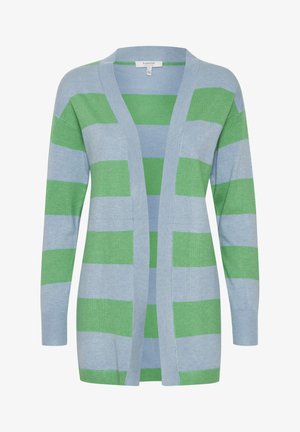 Zielono-niebieski sweter w paski, z długimi rękawami, otwartym przodem, prążkowanymi mankietami i miękką dzianiną.