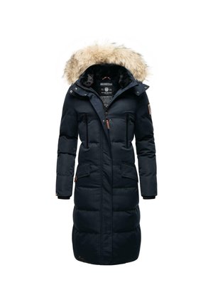 Geacă puffer de culoare marină, cu glugă detașabilă căptușită cu blană, fermoar frontal și multiple buzunare. Textură netedă cu detalii quilted.