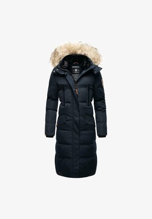 Abrigo puffer azul marino con capucha desmontable con pelo, cierre frontal con cremallera y múltiples bolsillos. Textura suave con detalles acolchados.