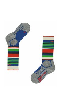 Calzini a righe multicolori con una base grigia, caratterizzati da accenti blu e dettagli rossi, che mostrano un mix di colori e motivi.