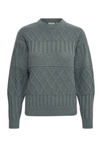 Maglione verde lavorato a maglia caratterizzato da un motivo testurizzato con design a diamante e righe, colletto a giro e maniche lunghe.