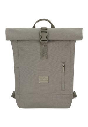 Gray roll-top backpack made from textured fabric, featuring a front zipper pocket, side pocket, and a sturdy buckle closure.