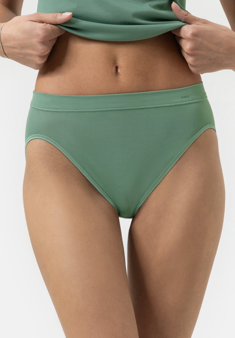 Grüner hoch taillierter Bikini-Unterteil aus einem glatten, dehnbaren Stoff. Verfügt über einen nahtlosen Bund und minimale Nähte für maximalen Komfort.