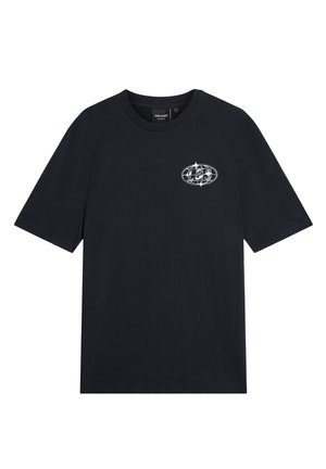 Maglietta nera in cotone con collo rotondo, maniche corte e logo grafico bianco posizionato sul lato sinistro del petto. Tessuto liscio.