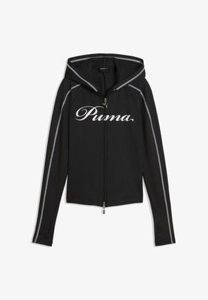 Zwarte hoodie met ritssluiting, met witte Puma-tekst over de borst en reflecterende biezen langs de mouwen en randen van de capuchon.