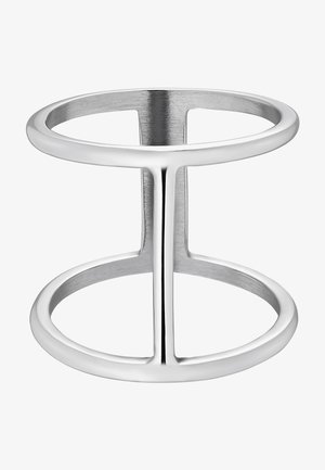 Szykowny srebrny pierścionek o minimalistycznym designie. Posiada gładkie, błyszczące wykończenie oraz otwartą strukturę z dwoma poziomymi pasmami i pionowym podziałem.