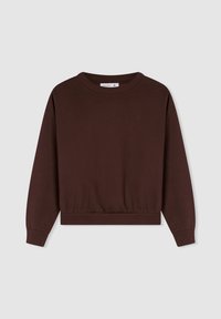 Brązowa bluza, okrągły dekolt, długie rękawy, ribanowe mankiety i dół, nieco skrócony krój, miękka tekstura.