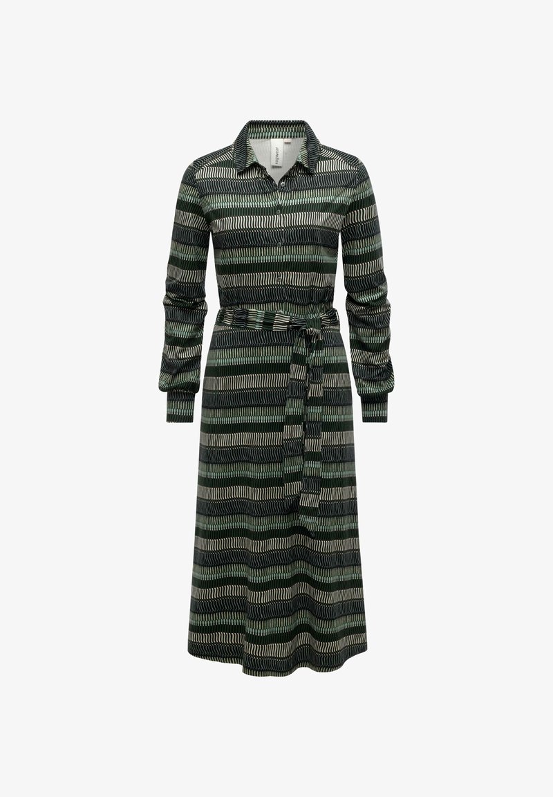 Abito a maniche lunghe con bottoni di colore verde scuro, caratterizzato da righe orizzontali di diverse tonalità. Presenta una vita con nodo e una texture di tessuto morbido.